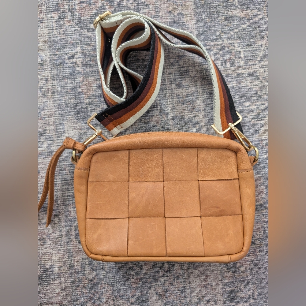 Tan Woven Leather Crossbody Bag